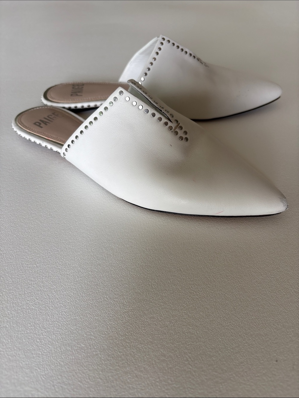 Paige Alia Studded Pointed Toe Mules In Whitye Leather Dressy Casual Size 7